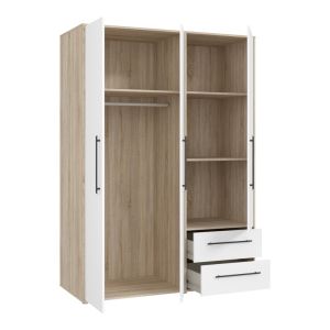 Wardrobe Razol with 4 doors made of melamine, white/sonoma color 144.5x59x200cm