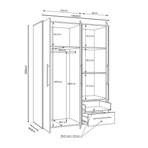 Wardrobe Razol with 4 doors made of melamine, white/sonoma color 144.5x59x200cm