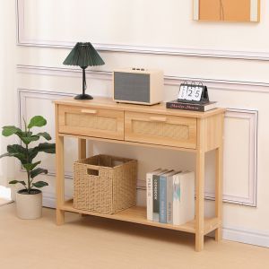 Конзолна маса Alenda от борова дървесина-ратан в естествен цвят 100x30x76см