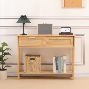 Конзолна маса Alenda от борова дървесина-ратан в естествен цвят 100x30x76см