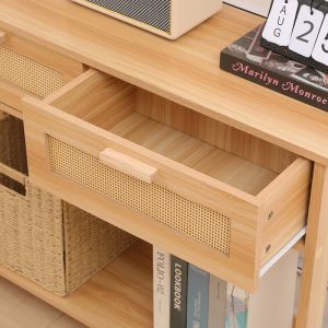 Конзолна маса Alenda от борова дървесина-ратан в естествен цвят 100x30x76см