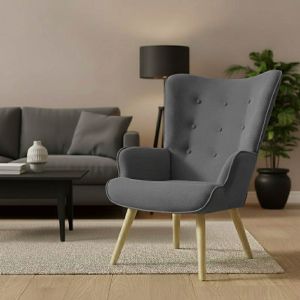 Fluffy armchair with plush anthracite fabric and wooden legs 75x69x96cm