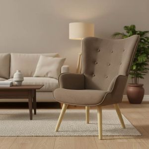 Fluffy armchair with plush fabric, brown color and wooden legs, 75x69x96cm