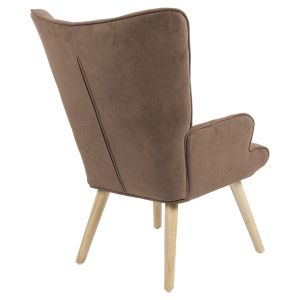 Fluffy armchair with plush fabric, brown color and wooden legs, 75x69x96cm