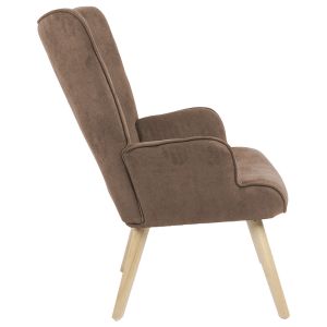 Fluffy armchair with plush fabric, brown color and wooden legs, 75x69x96cm