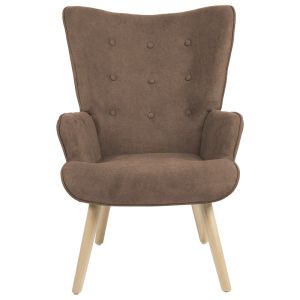 Fluffy armchair with plush fabric, brown color and wooden legs, 75x69x96cm
