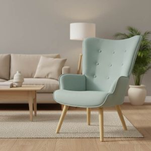 Fluffy armchair with plush fabric in bright green color and wooden legs 75x69x96cm