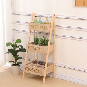 Floor 3-tier shelf made of Scandinavian pine, wood-rattan in natural color 44x37x110 cm