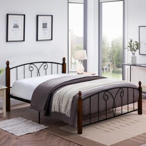 Двойно легло с матрак SUZIE HM10740, метал и дърво в цвят орех, матрак 150x200 см