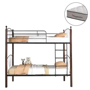 Двуетажно легло с матраци Storey HM10749.10 метал и каучуково дърво в орех - за матраци 90X190СМ.
