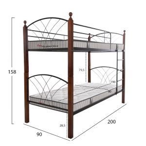 Двуетажно легло с матраци Storey HM10749.10 метал и каучуково дърво в орех - за матраци 90X190СМ.