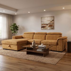 Десен ъглов разтегателен диван Lemance camel плат 255x168x82см