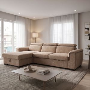 Десен ъглов разтегателен диван Lemance бежов плат 255x168x82см