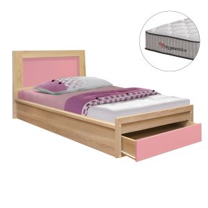 Детско легло с чекмедже PLAYROOM HM10752.02, меламин в цвят сонома/розово, с матрак 90x190 см