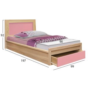 Детско легло с чекмедже PLAYROOM HM10752.02, меламин в цвят сонома/розово, с матрак 90x190 см