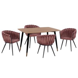 Комплект за трапезария 5 части Aliza HM12122.01 Mdf плот в естествен дървесен цвят - прашно розово кадифе