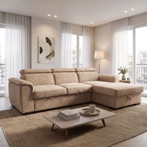 Ляв ъглов разтегателен диван Lemance бежов плат 255x168x82см