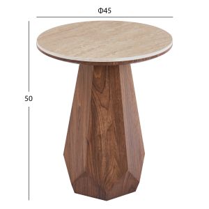 Помощна маса Venera HM18442 с керамичен плот и травертин, основа от Mdf, орех Φ45X50H