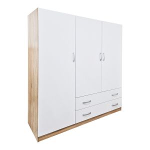Трикрилен гардероб с 2 чекмеджета Alvia бял със сонома 150x51x180см