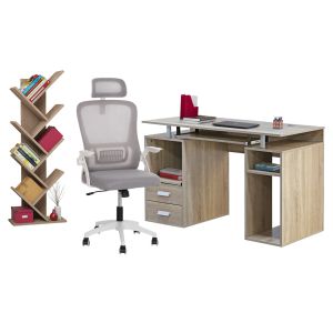 Комплект мебели за студенти 3 бр. HM11207 бюро + етажера + офис стол - сонама/бял