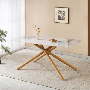 Трапезарна маса Greto HM18480.02 керамичен плот в цвят бял мрамор - метални крака с естествен дървен вид 160X90X75ВСМ.