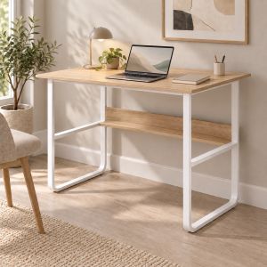 Бюро Kela от MDF в цвят дъб и бели метални крака 100x60x73см