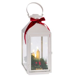 Бял метален фенер с композиция с Led свещи 15х15х35см