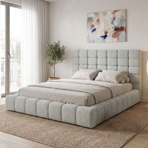 Двойно легло Pernant с място за съхранение, светлосива букле материя, 160x200 см