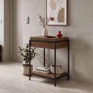 Конзолна маса Odar с място за съхранение, орех, MDF с черен метал, 63x63x80см