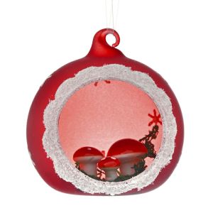 RED GLASS BALL ORNAMENT WITH MUSHROOMS 8CM